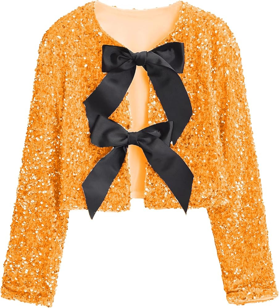 Women Tie-Front Sequined Jacket Long Sleeve Sparkling Cropped Top with Bow Party Concert Night | Amazon (US)