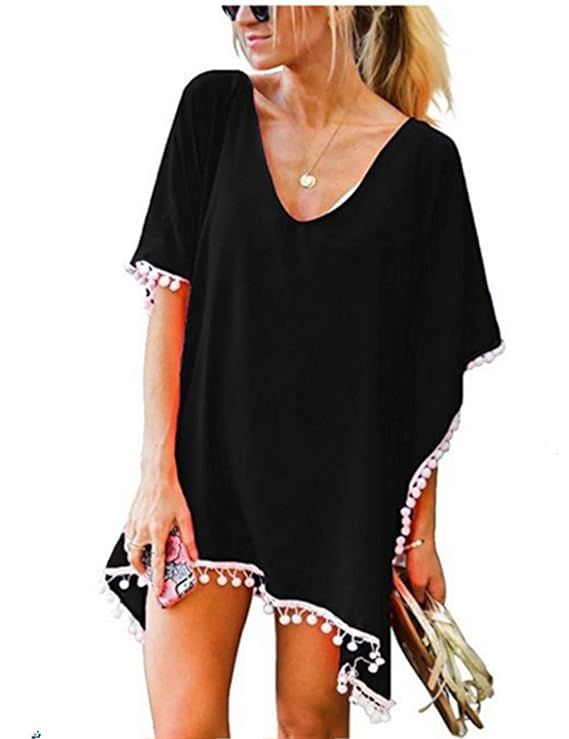 Pom Swimsuit Cover Up for Women Chiffon Beach Coverup Dress Stylish Kaftan Summer | Amazon (US)