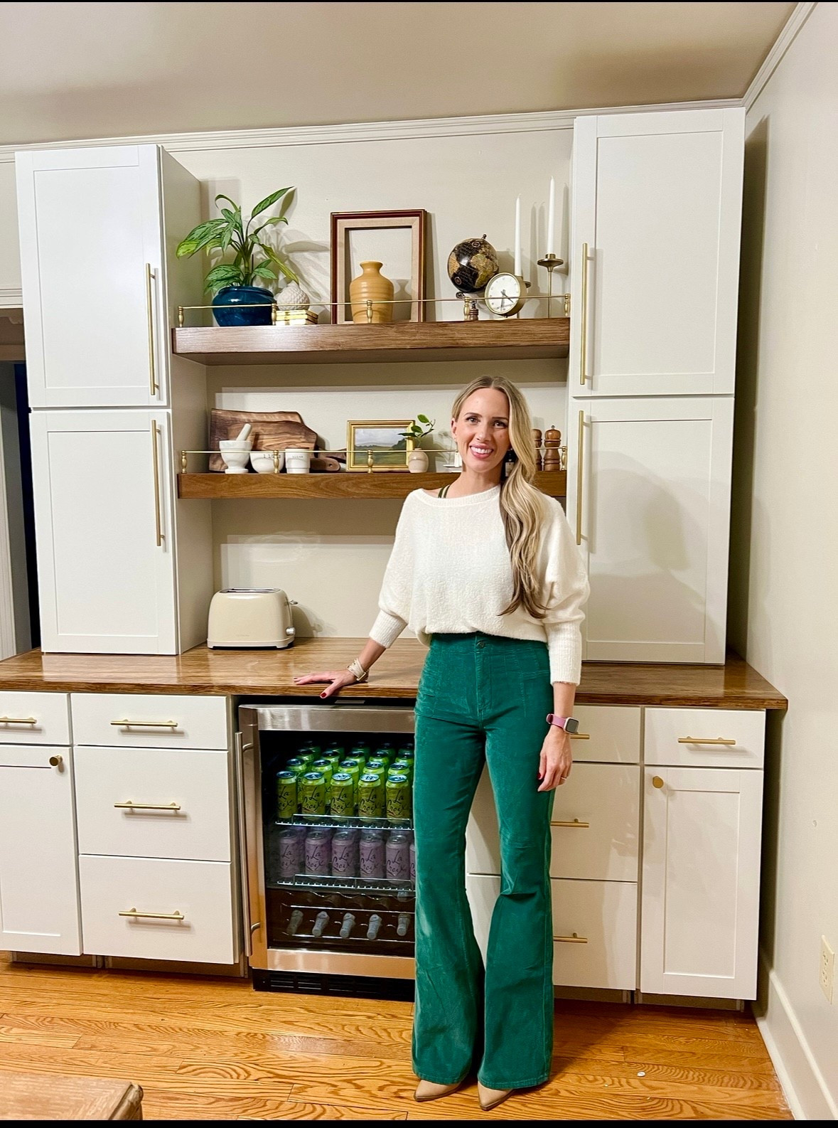 DIY breakfast bar with mini fridge and stained shelves. 

#LTKOver40 #LTKHome
