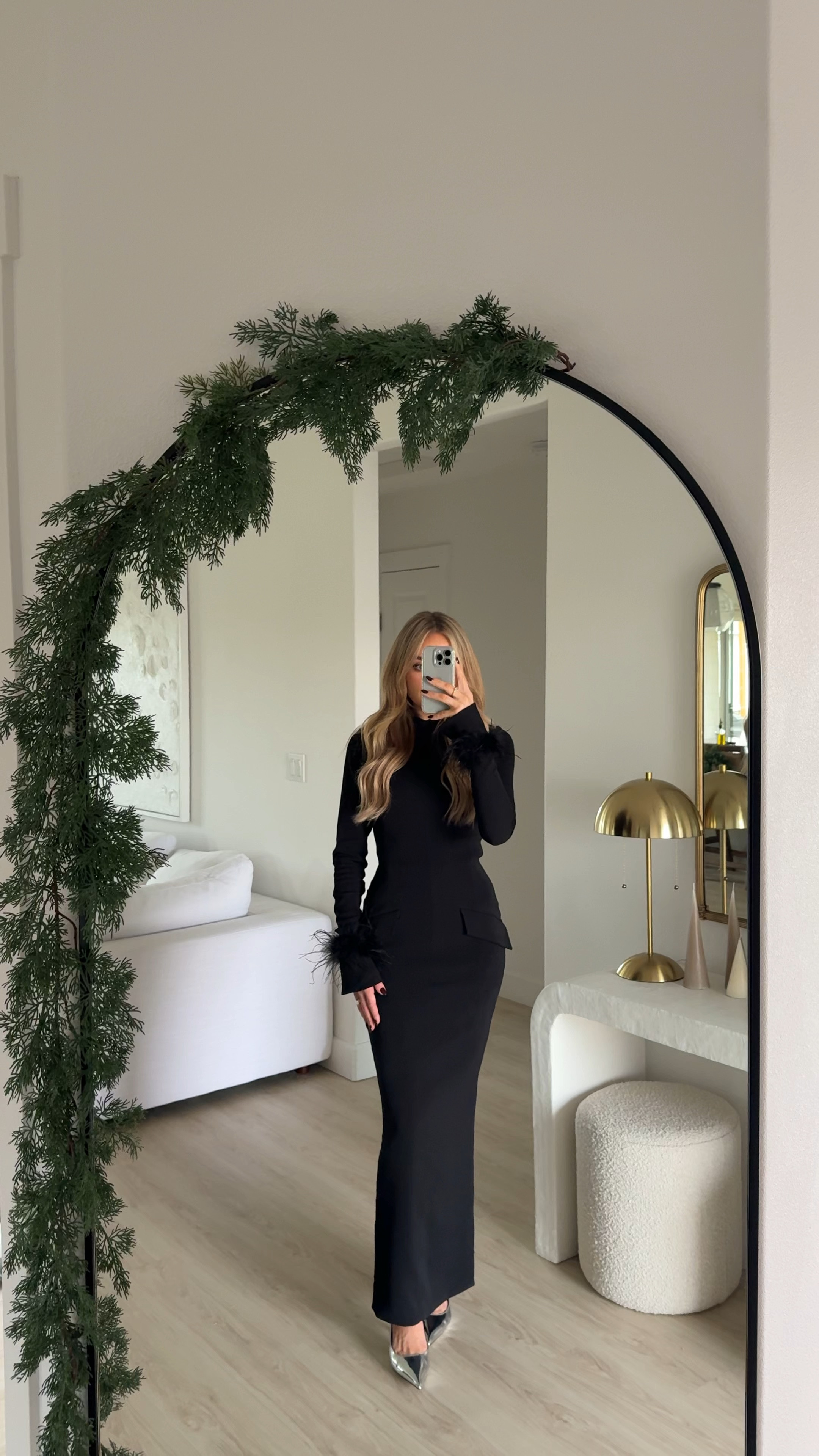 Black maxi dress, mock neck, feather cuffs, silver heels kitten pumps 

#LTKSeasonal #LTKHoliday #LTKU