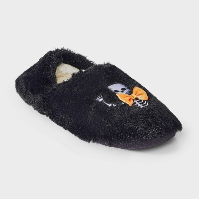 Women's Halloween Embroidered Skeleton Faux Fur Slipper Socks with Grippers - Hyde & EEK! Boutique™ Black M/L | Target