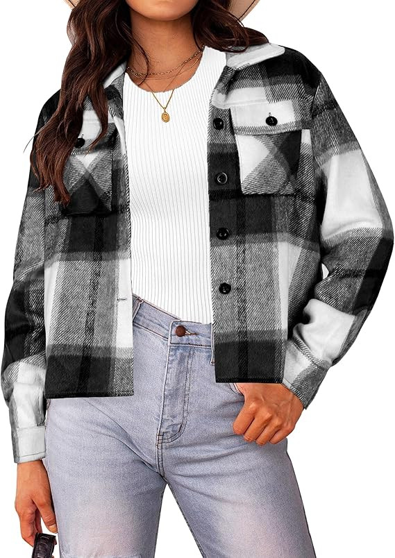 HOTOUCH Womens Flannels Fall Cropped Shacket Plaid Jacket Long Sleeve Button Down Coat 2025 Fall ... | Amazon (US)