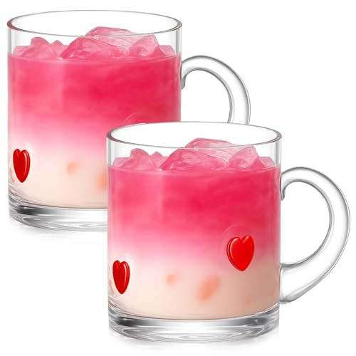 FoldTier 2 Pcs Valentine's Day Icon Glass Cups 14oz Heart Icon Mugs with Handle Clear Drinking Glasses Double Old Fashioned Hand Blown Cocktail Glassware for Women Valentine Party Birthday Gift | Amazon (US)