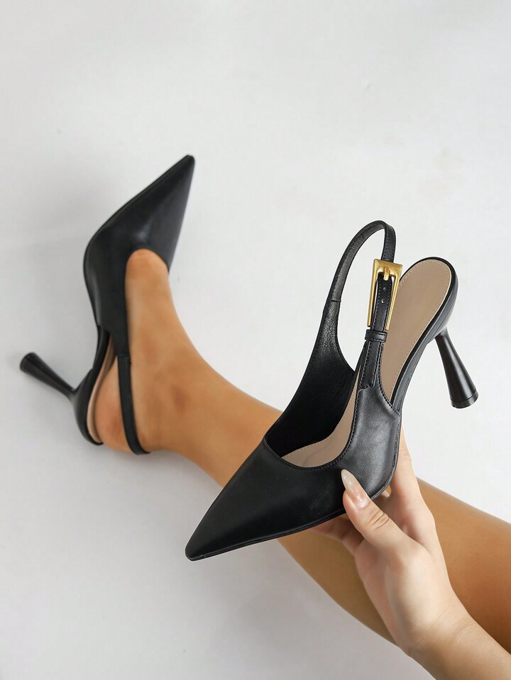 Women's Pointed High Heel Patent Leather Shoes With Decorative Buckle And Back Strap | SHEIN
