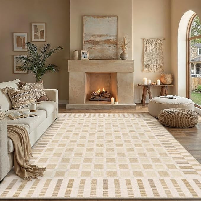 PureCozy Beige Checkered Rug 8x10 for Living Room Neutral Machine Washable Large Rug Non-Slip Sta... | Amazon (US)