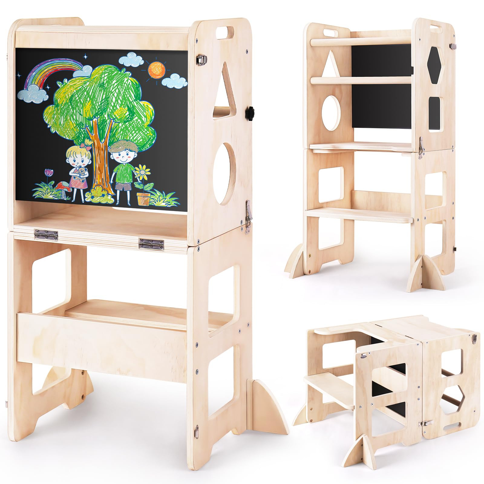 4-in-1 Toddler Kitchen Step Stool, Foldable Learning Standing Tower with Blackboard, Wooden Kitch... | Amazon (US)