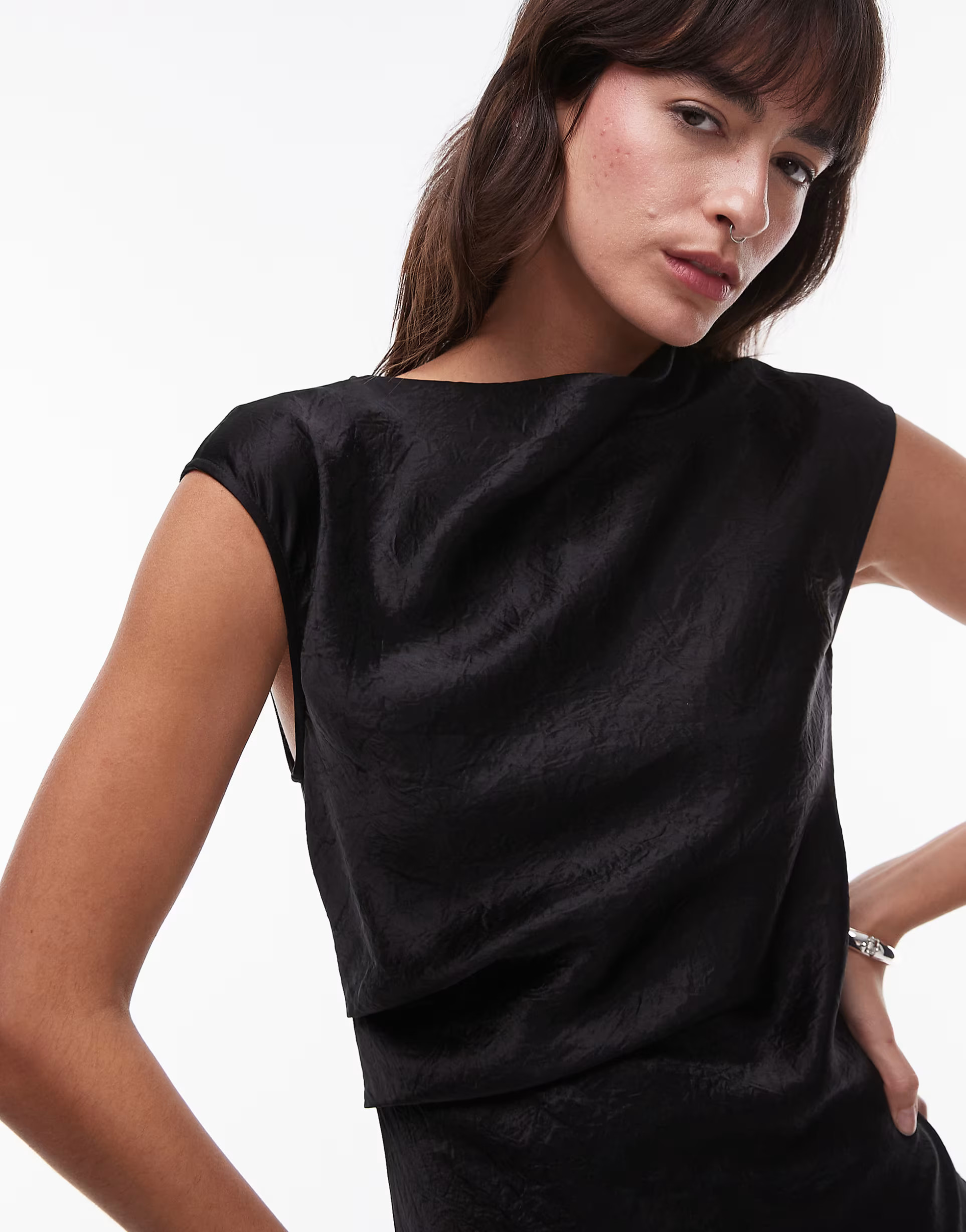 & Other Stories bias cut satin midi dress with drape detail and extended shoulder in black | ASOS (Global)