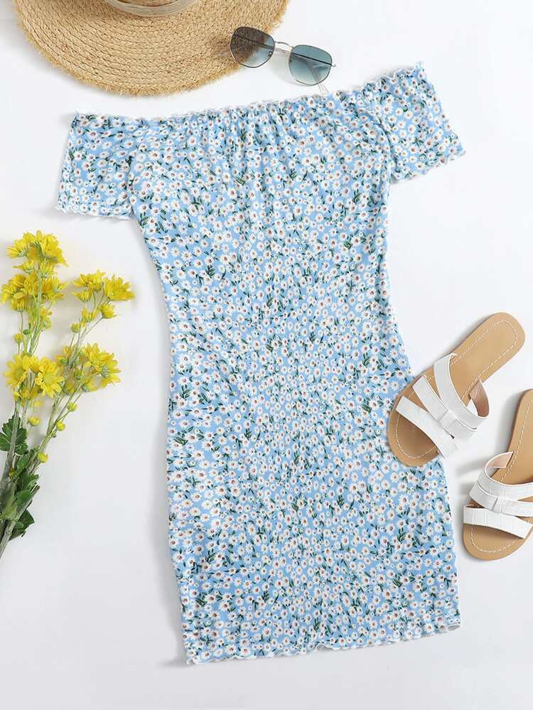 SHEIN Ditsy Floral Print Off Shoulder Lettuce Edge Dress | SHEIN