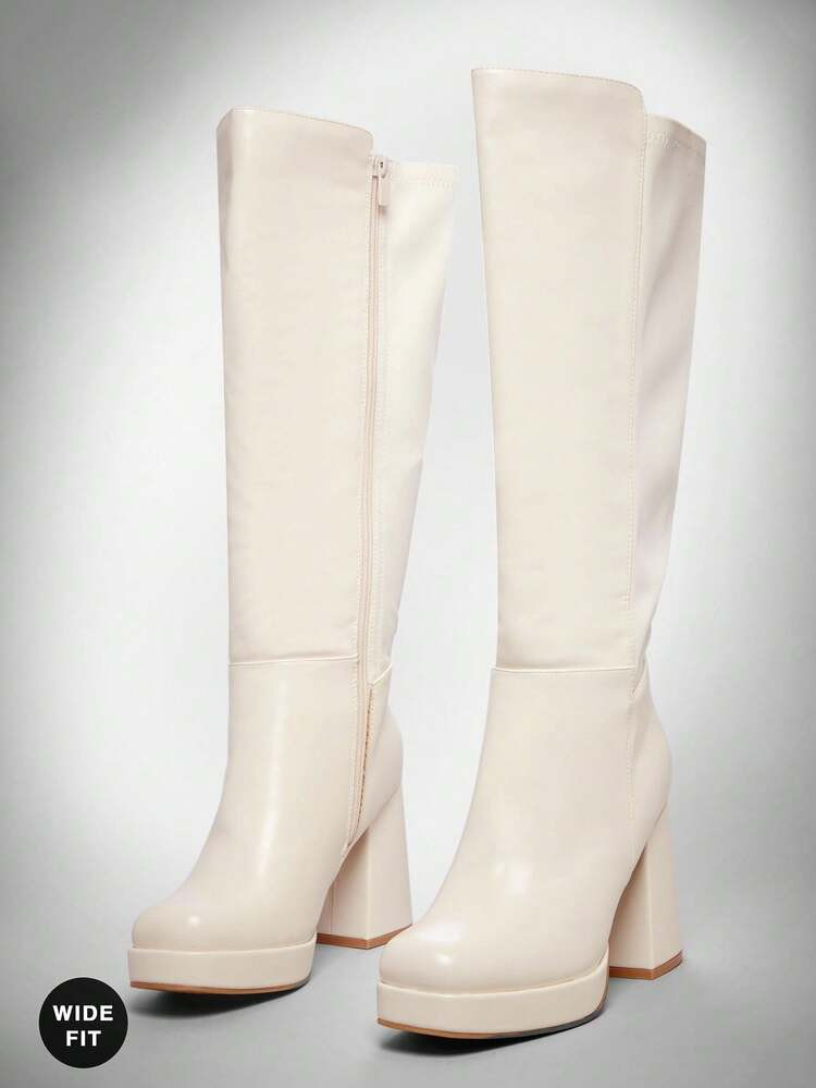 SHUZIA Women's Stylish & Comfortable Wide Calf Block Heel Knee-High Boots For Christmas | SHEIN