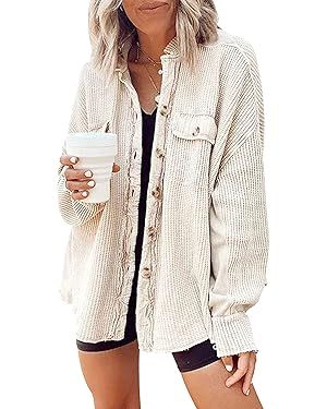 Yanekop Womens Waffle Knit Shacket Boyfriend Shirt Jacket Button Down Blouse Loose Fit Long Sleev... | Amazon (US)