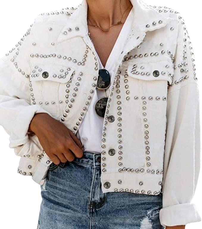 Omoone Women's Long Sleeve Rivet Studded Denim Jacket Casual Washed Pearl Short Jean Coat | Amazon (US)