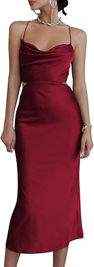 LYANER Women's Satin Cowl Neck Straps Slip Sexy Cut Out Cocktail Midi Dress | Amazon (US)