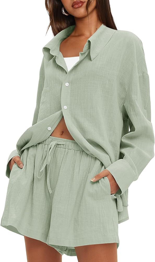 Darong Women's Summer 2 Piece Outfit Sets Long Sleeve Button Down Shirts Matching Short Sets Beac... | Amazon (US)