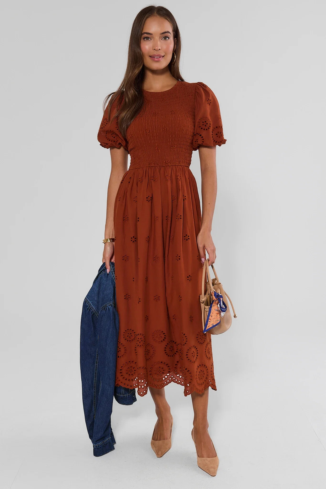 Rust Smocked Eyelet Detail Midi Dress | Avara