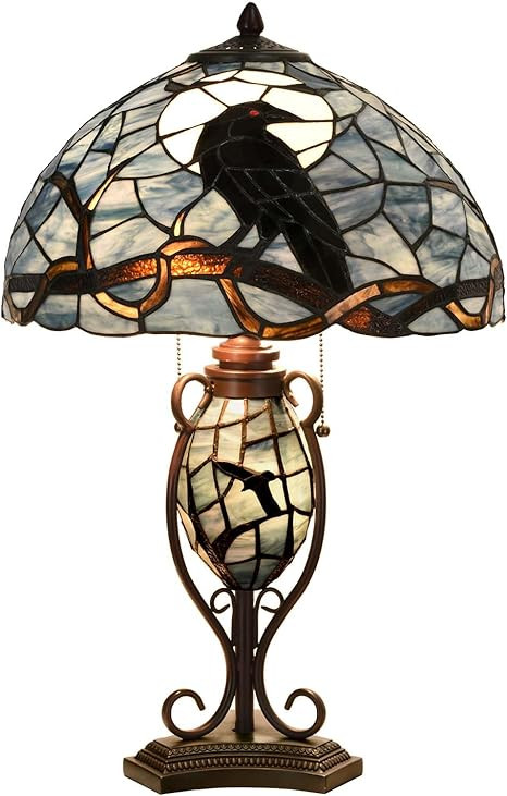 Bieye L10954 Raven Sitting on Bare Tree Branch in Full Moon Night Tiffany Style Stained Glass Tab... | Amazon (US)