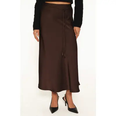 Petal & Pup Bayley Satin Midi Skirt in Chocolate Brown at Nordstrom, Size Large | Nordstrom