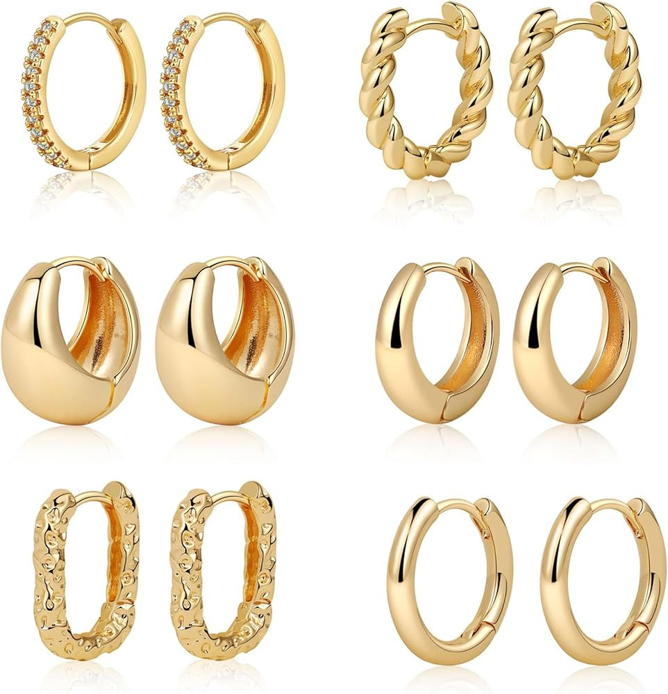 BERISO 6 Pairs Gold Hoop Set Earrings for Women 14K Gold Plated Lightweight Small Gold Hoop Earri... | Amazon (US)