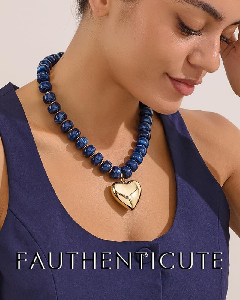 Mothers Day Gifts Puffy Gold Heart Necklaces For Women Chunky Beaded Necklace in Several Colorway... | Amazon (US)