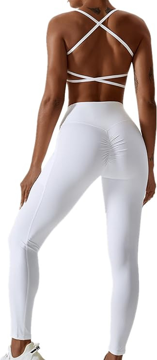 ABOCIW Women Workout 2 Piece Outfits Scoop Neck Cross Back Sport Bra Crossover High Waist Legging... | Amazon (US)