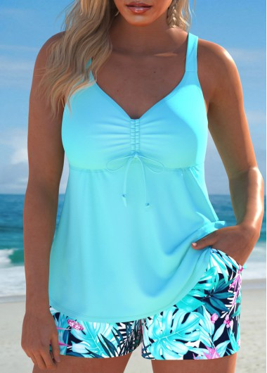 MODLILY® Patchwork Tropical Plants Print Mint Green Tankini Set | modlily.com