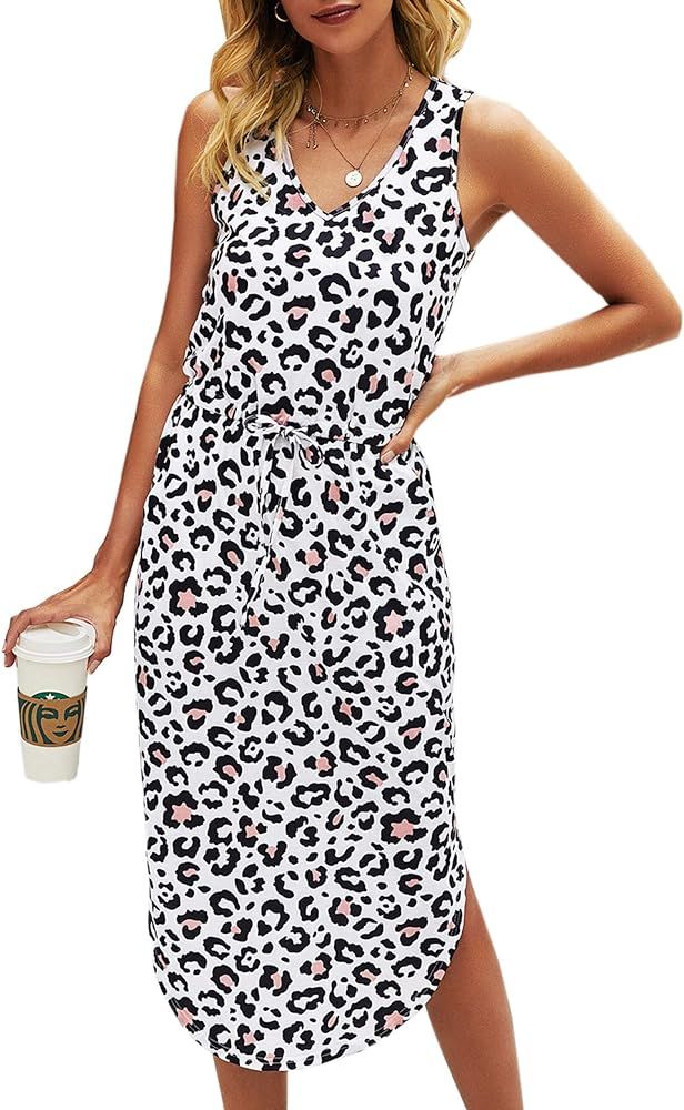 Women's Dresses Casual Leopard/Tie Dye V-Neck Sleeveless Side Split Drawstring Waist Midi Dress w... | Amazon (US)