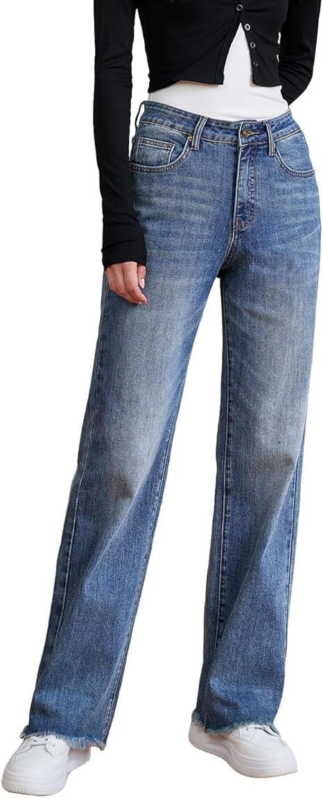 Womens High Waisted Jeans Stretchy Straight Leg Loose Fit Tummy Control Raw Hem Denim Pants Trend... | Amazon (US)