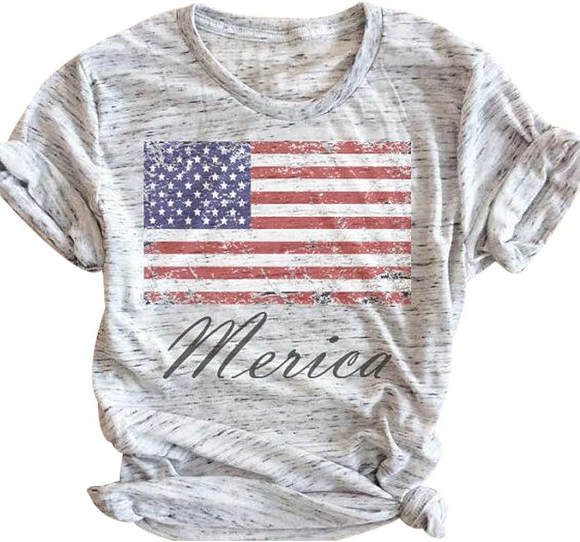 Women American Flag Print Tee Faith Family Freedom Short Sleeve Blouse T-Shirt Tops | Amazon (US)