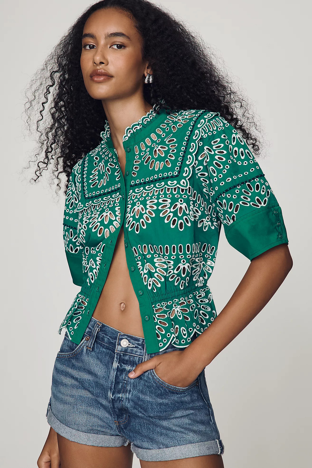 Maeve Eyelet Buttondown Peplum Blouse | Anthropologie (US)