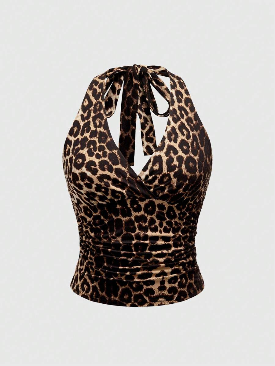 ROMWE Grunge Punk Plus Size Leopard Print Ruched Halterneck Sleeveless Top, School | SHEIN