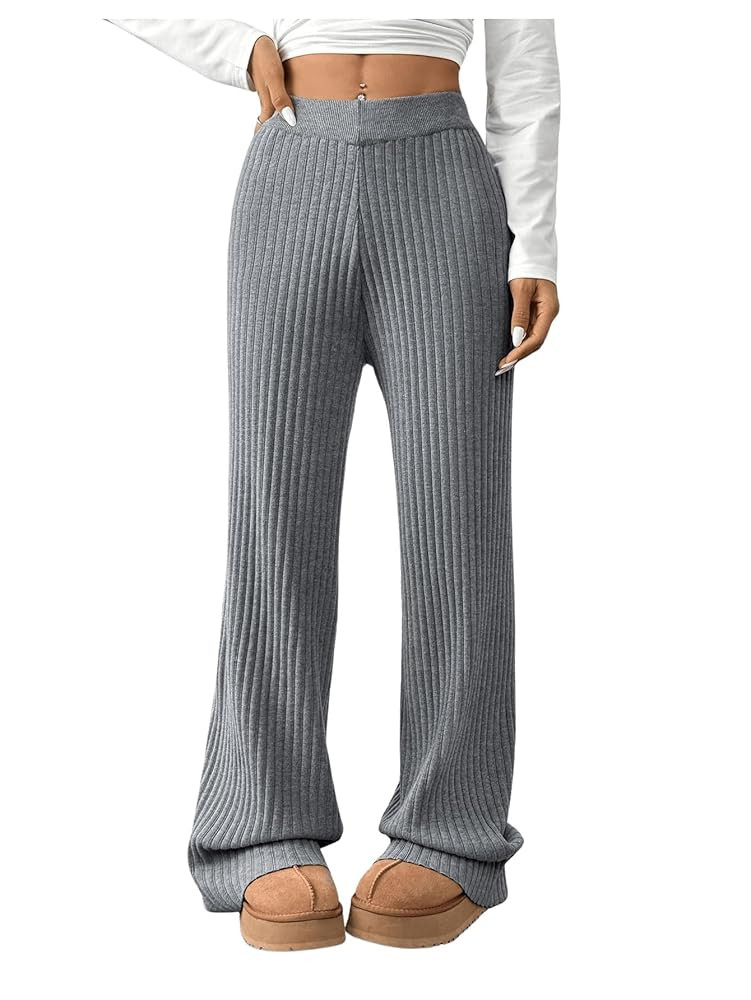 MakeMeChic Women's Elastic Waist Rib Knitted Pants Skinny Fit Plain Wide Leg Trousers | Amazon (US)