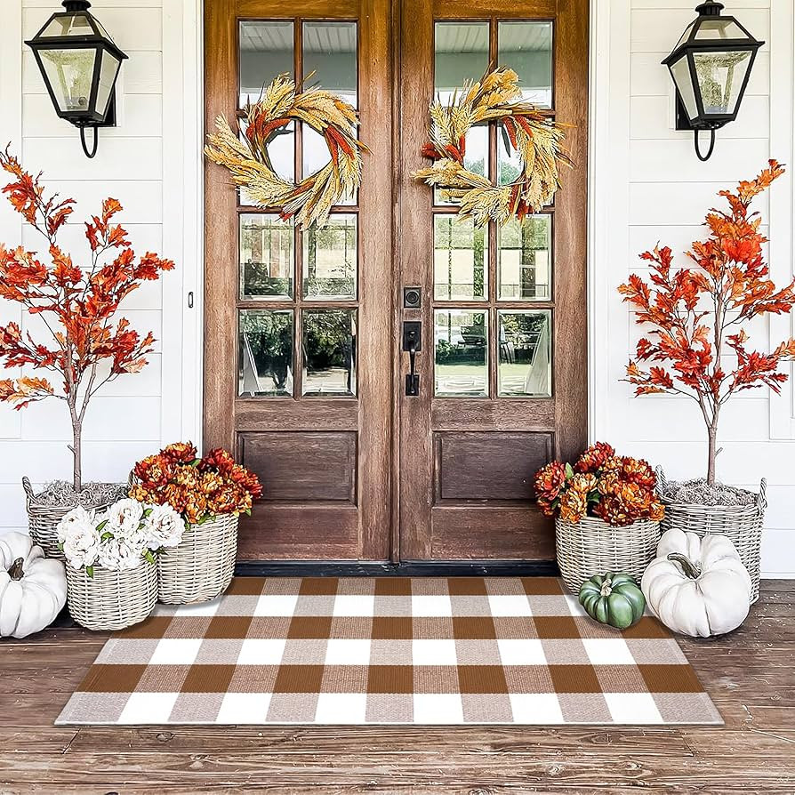 Buffalo Plaid Outdoor Rugs, 24'' x 51'' Coffe and White Checkered Area Rug, Layering Rug for Hell... | Amazon (US)