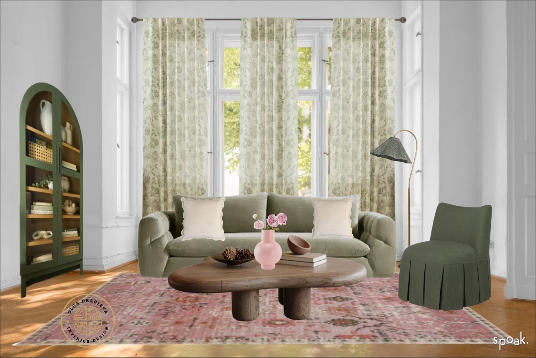 Beautiful Spring living room design/mood board. Green velvet sofa and green accent chair, pleated floor lamp, organic coffee table, floral curtains, affordable green arched cabinet from Walmart, vintage style colorful rug. #livingroom #homedecor 

#LTKHome #LTKSeasonal #LTKStyleTip