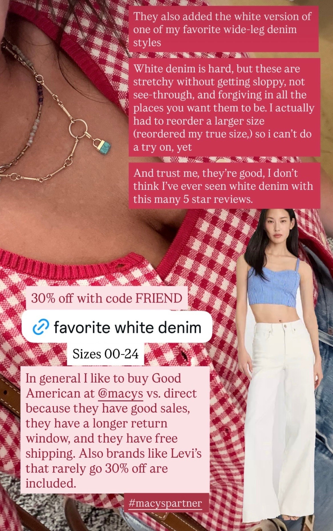 These Good American wide-leg pants are my favorite white denim pants that I’ve tried — light stretch, not see-through, and forgiving in all the right places. I love them paired with this sweater set or the denim button-down top in the previous post. Currently part of Macy’s 30% off sale with code FRIEND!

#LTKMidsize #LTKSaleAlert