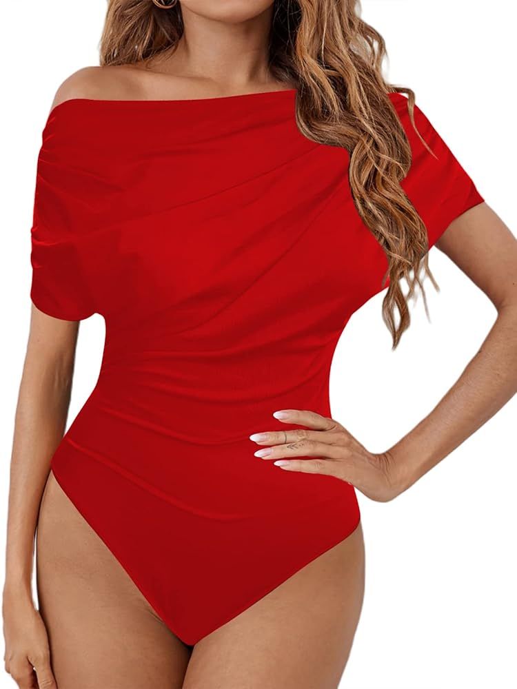 LilyCoco Women's Off The Shoulder Bodysuit Sexy Short Sleeve Ruched Bodycon One Piece Tops | Amazon (US)