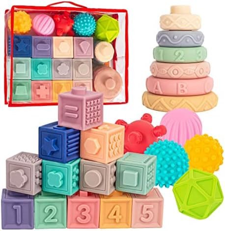 SpringFlower 3 in 1 Montessori Toys for Babies 0-3-6-12 Months, Soft Baby Teething, Stacking Buil... | Amazon (US)