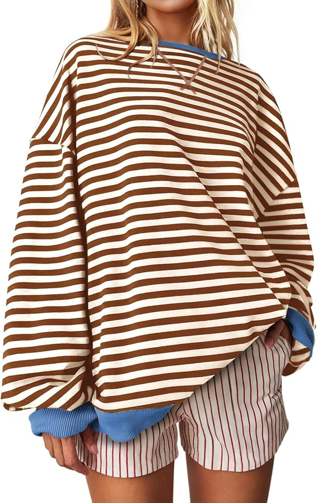 UEU Women Oversized Striped Crewneck Sweatshirt Long Sleeve Color Block Pullover Tops Casual Loos... | Amazon (US)