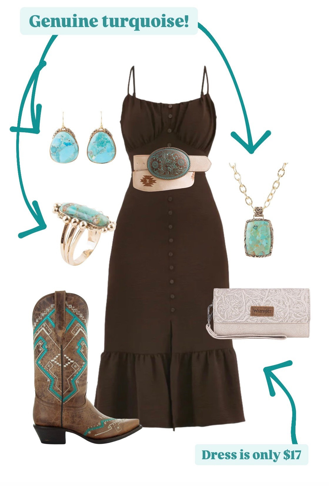 Brown and turquoise! Dress is super affordable and comes in white as well! Turquoise is genuine 

#LTKShoeCrush #LTKStyleTip