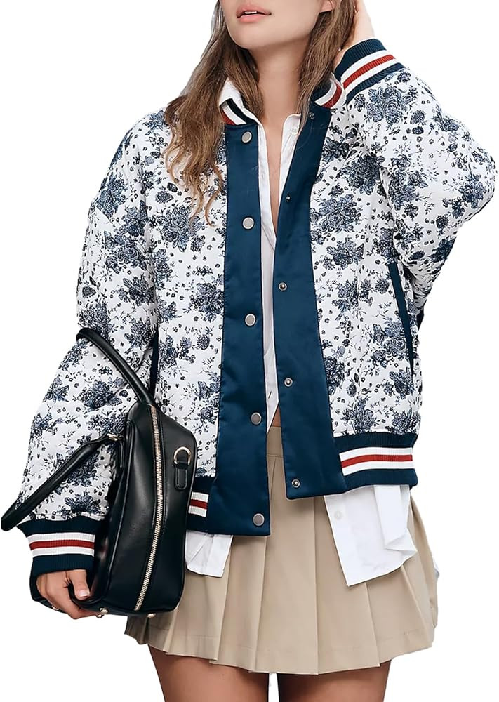 Women's Puffer Varsity Baseball Jacket Casual Floral Print Letterman Bomber Jacket Windbreaker Li... | Amazon (US)