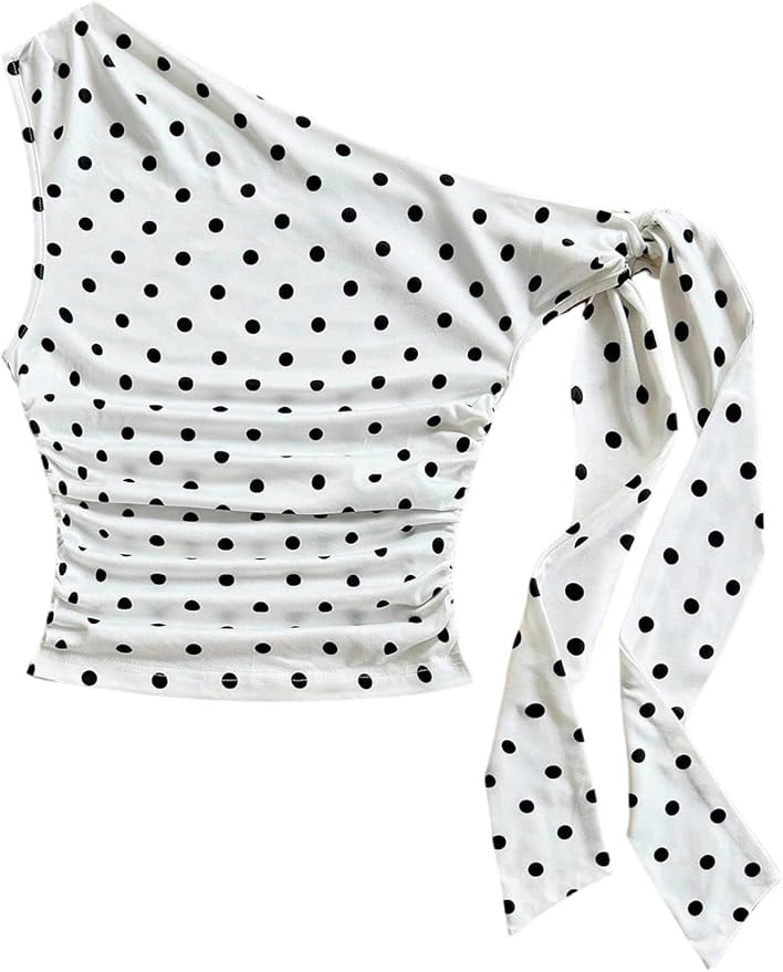 Milumia Women's Polka Dots One Shoulder Tank Top Asymmetrical Neck Tie Ruched Going Out Crop Tops | Amazon (US)