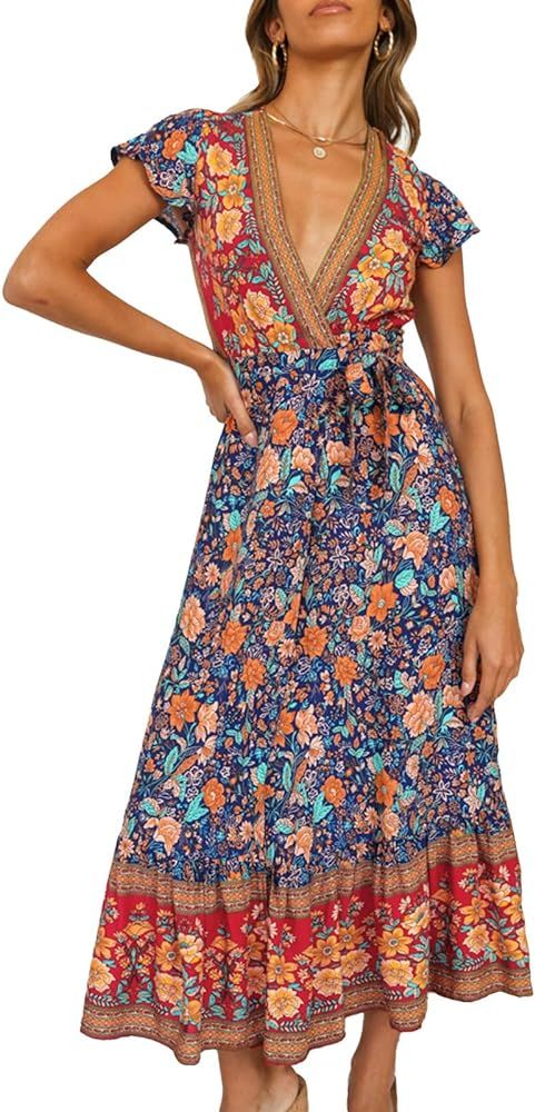 Women's Wrap Dresses Bohemian Floral Printed Summer Casual Short Sleeve V-Neck High Split Maxi Dr... | Amazon (US)