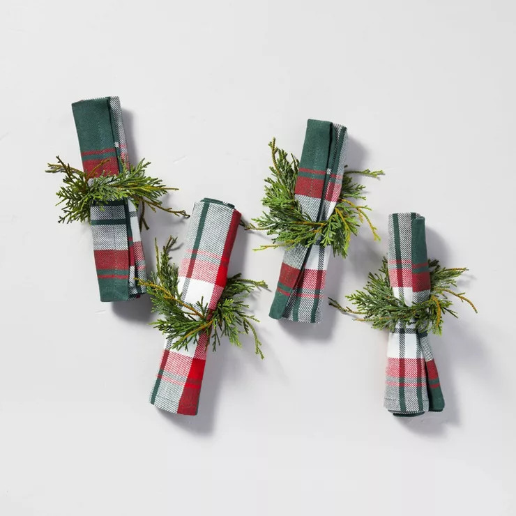 4pk Faux Cedar Sprig Plastic Napkin Ring Set - Hearth & Hand™ with Magnolia | Target