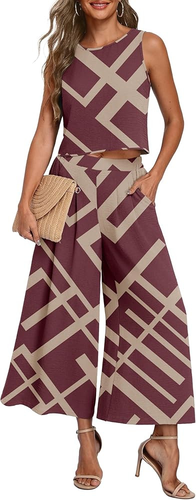 Lepunuo Womens Summer 2 Piece Outfits Sleeveless Crop Top Flowy Wide Leg Pants Matching Sets Vaca... | Amazon (US)