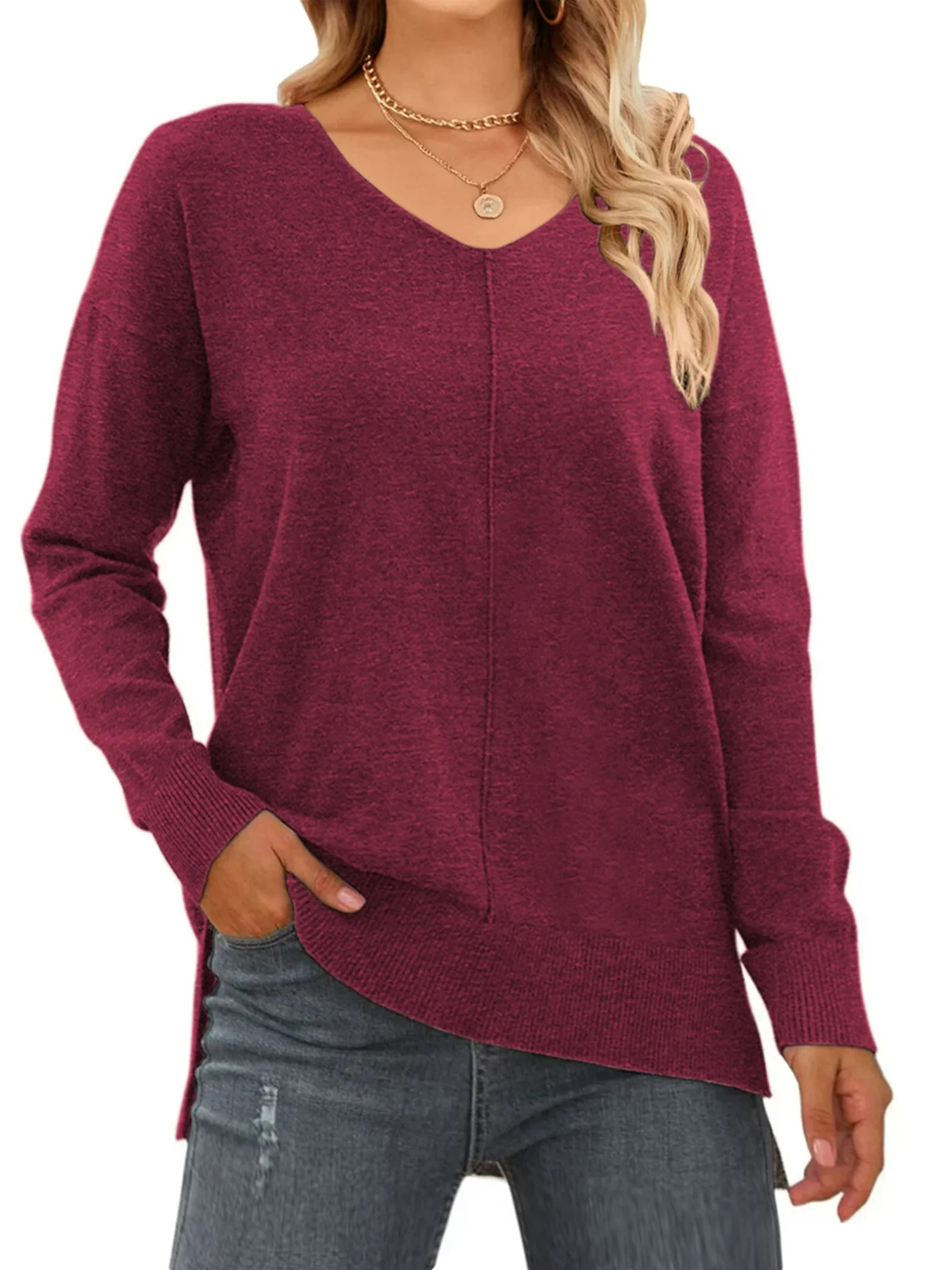 MOSHU V Neck Sweaters for Women Fall Lightweight Knit Pullover Sweater Side Slits Tops | Walmart (US)