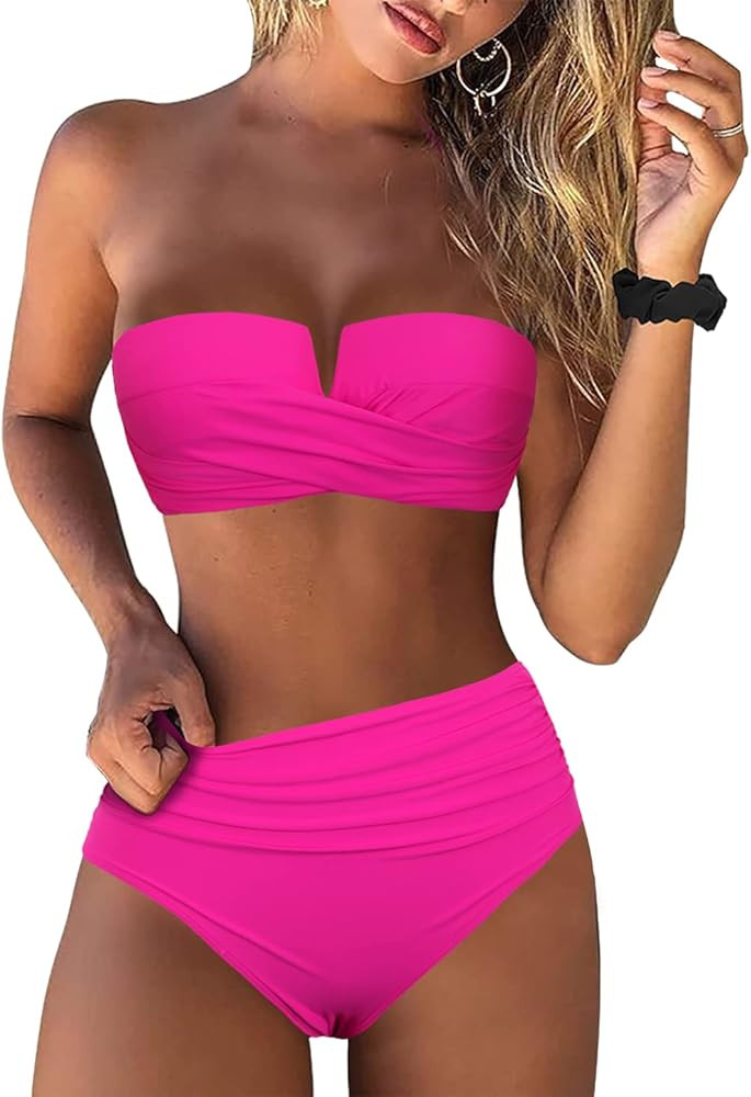 Hilor Bandeau Two Piece Bathing Suits for Women with Strap Retro High Waisted Swimsuits Sexy Push... | Amazon (US)