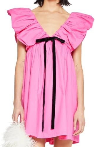 Women's Floral Bow V Neck Babydoll Mini Dress Flower Print Puffy Sleeve Boho Short Casual Loose F... | Amazon (US)