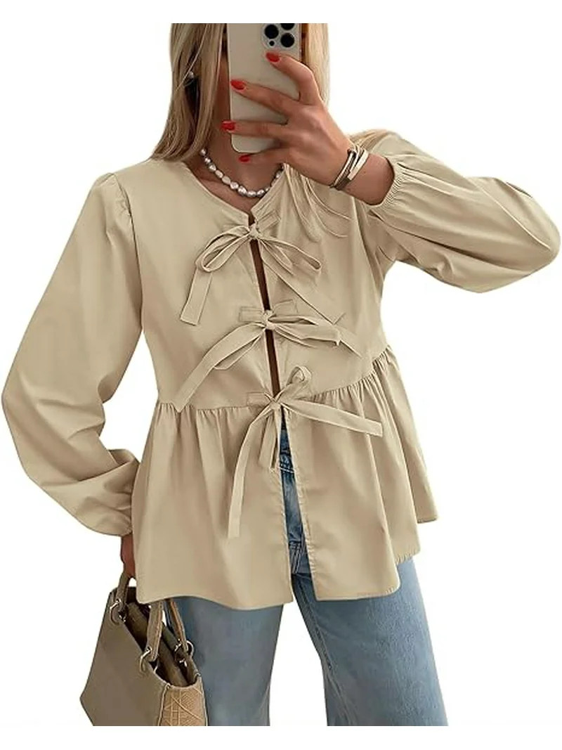 PRETTYGARDEN Women's Spring Fall Babydoll Peplum Blouse Shirt Puff Long Sleeve Bow Tie Front Tren... | Walmart (US)