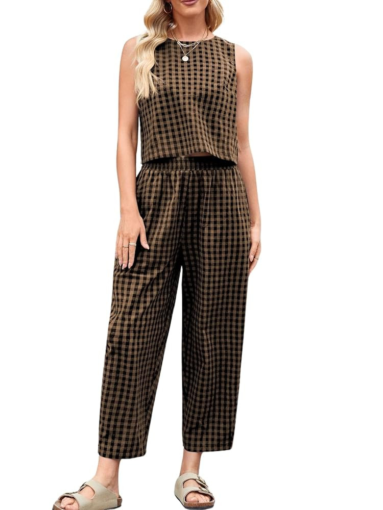 Womens Cotton Checker Set 2 Piece Beach Vacation Outfit Summer Tank Top Pants Suit | Amazon (US)