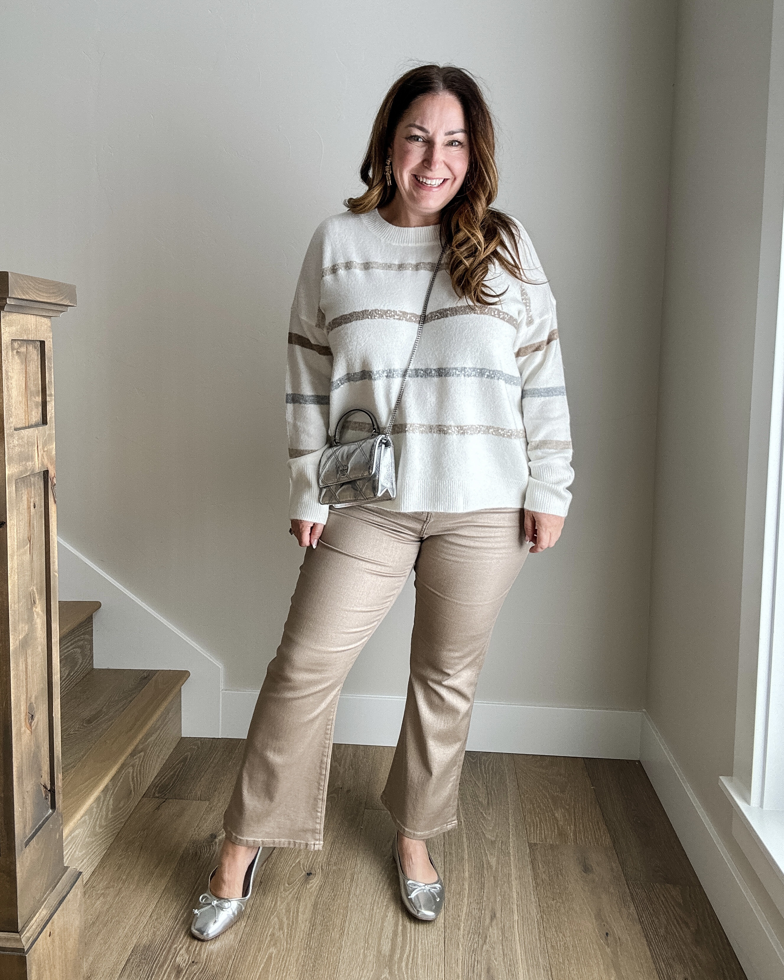 Holiday Midsize Casual Outfit
Fit Tips: Sweater tts, L // Pants size up if in between, 14

Loft style, loft fashion, coated jeans, gold, metallic, striped sweater, relaxed fit, winter outfit, Christmas, new years, midsize look, holiday style

#LTKMidsize #LTKOver40 #LTKHoliday