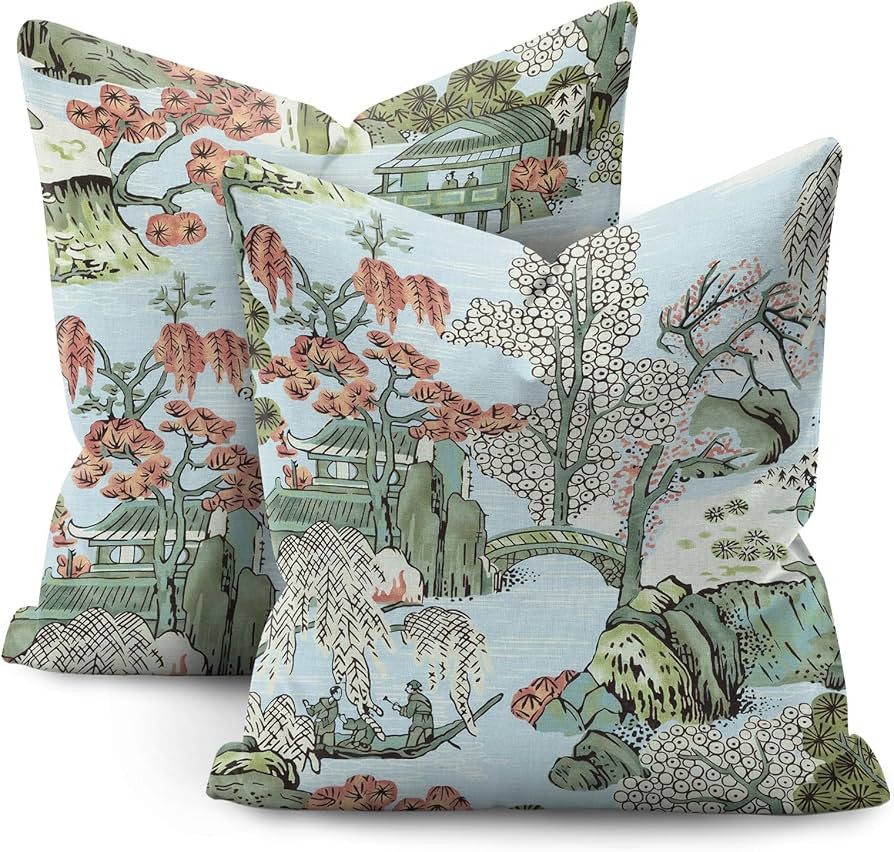 Chinoiserie Pillow Covers 20x20 Set of 2,Blue and Pink Pillow Covers Outdoor Decorative Linen Pil... | Amazon (US)