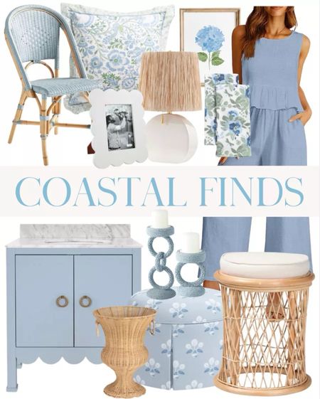 Some favorite Coastal home decor plus this cute matching two piece set that feels very grandmillennial / coastal grandma! Home decor finds featuring a blue vanity, rattan side table, blue candle holders, blue ottoman, round ottoman, block print, white lamp, scalloped frame, white frame, blue dining chair, bistro dining chair, rattan dining chair, and floral pillow (5/17)

#LTKhome #LTKstyletip #LTKfindsunder50